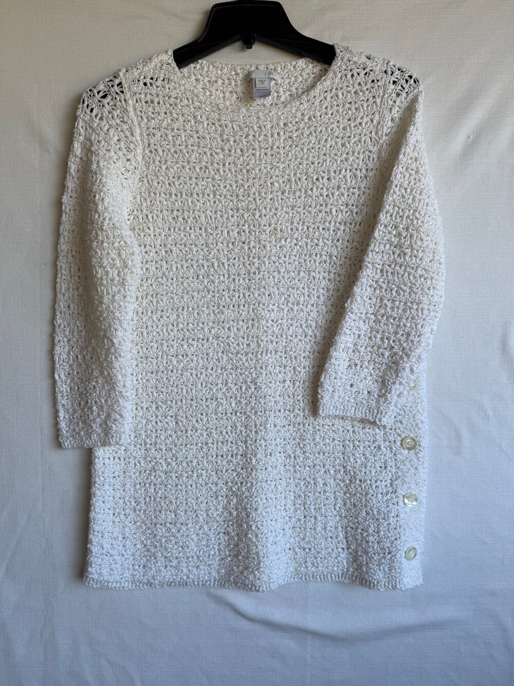 J. Jill white open-knit pullover sweater featuring distinctive side buttons